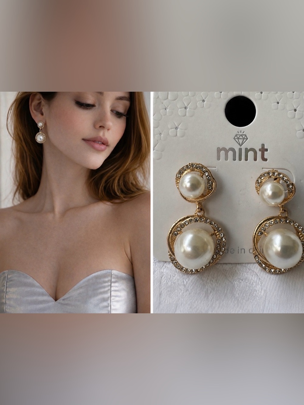 Mint Rhinestone Faux Gold Pearl Dangle Drop CZ Fashion Earrings 1.2" NEW